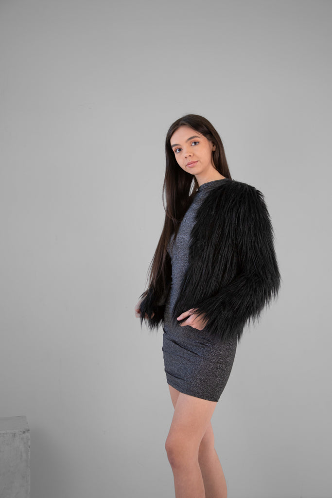 Topshop "Cropped Shaggy" Faux Fur Coat in Black - Size Medium