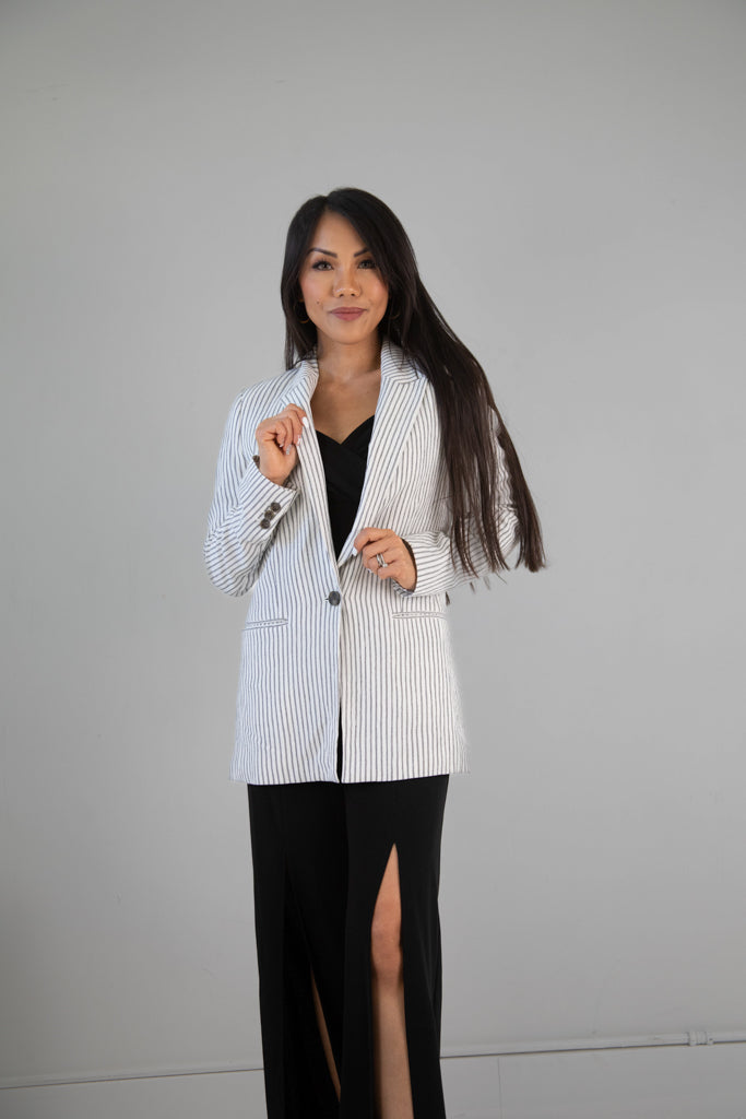 H&M "Textured Cotton Blend" Single-Breasted Blazer in Black and White Stripe - Size Small