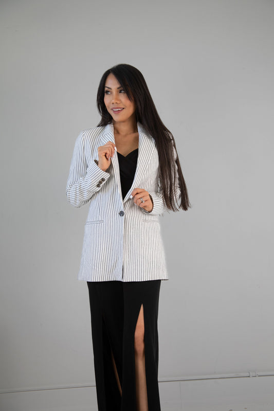 H&M "Textured Cotton Blend" Single-Breasted Blazer in Black and White Stripe - Size Small