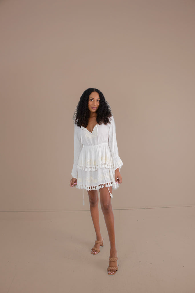 RAGA "Salty Kiss Tasseled" Mini Dress in White - Small