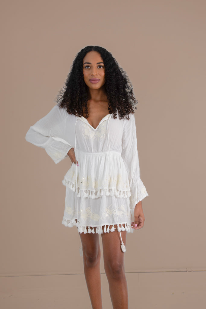 RAGA "Salty Kiss Tasseled" Mini Dress in White - Small