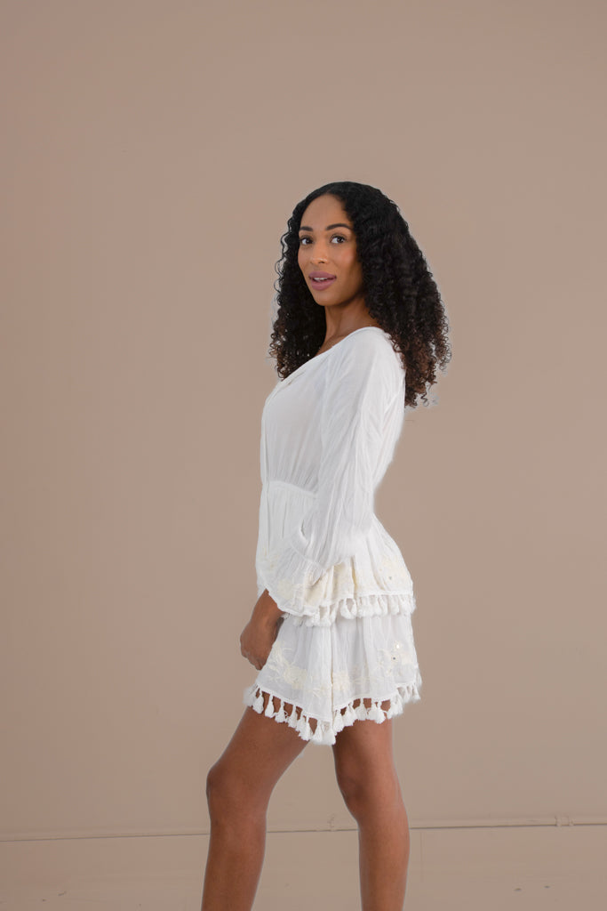 RAGA "Salty Kiss Tasseled" Mini Dress in White - Small