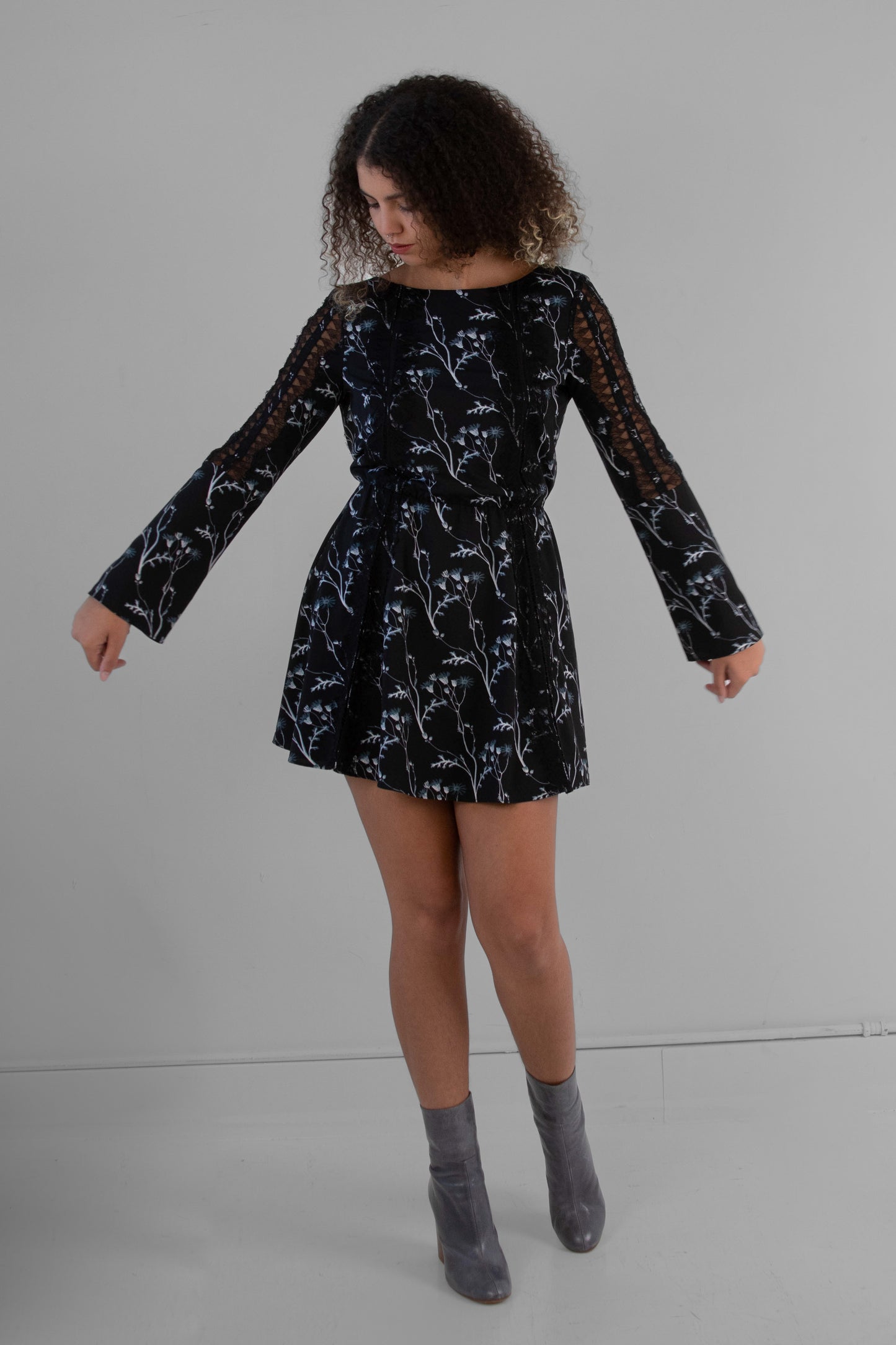 Thakoon Addition "Fall RTW" Mini Dress in Dark Floral (Black, Blue, White) - XS
