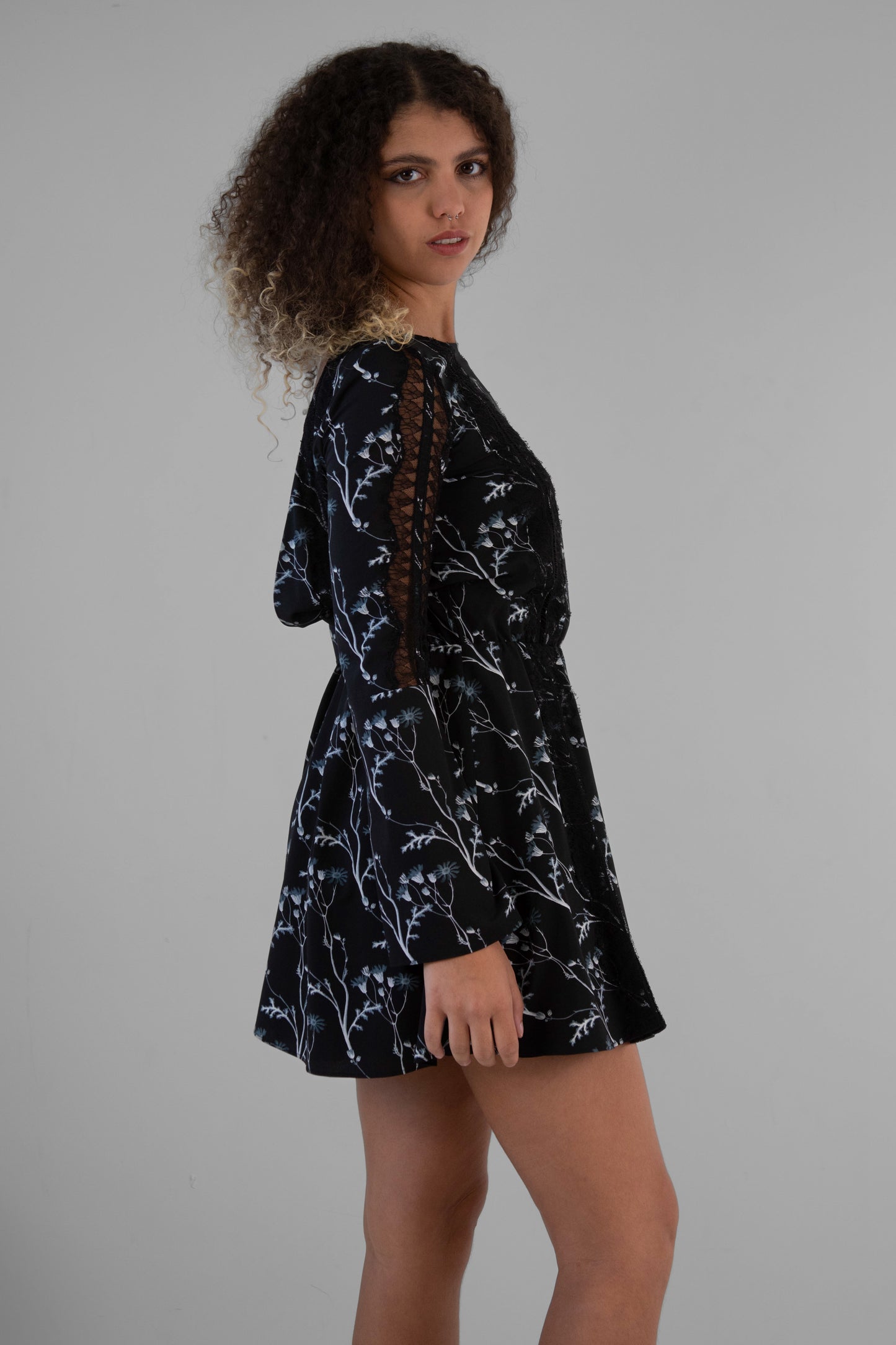 Thakoon Addition "Fall RTW" Mini Dress in Dark Floral (Black, Blue, White) - XS